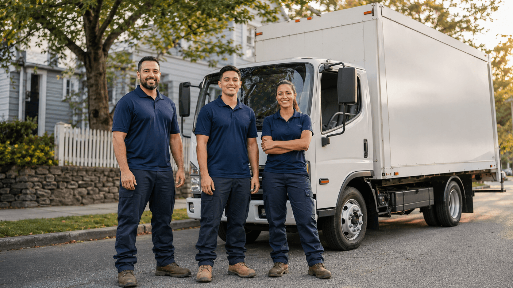 Local Coventry, Rhode Island junk removal team standing in front of their truck on a residential street