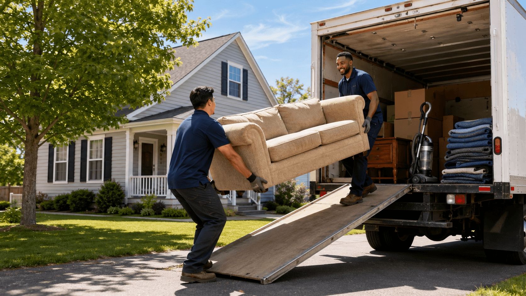 Junk removal crew loading furniture and household items into a truck at a home in Coventry, Rhode Island